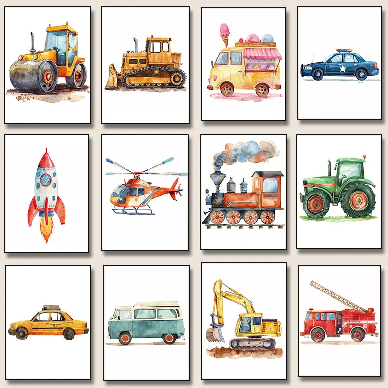 Helicopter Fire Truck Tractor  Airplane Rocket Canvas Painting Poster Nordic Wall Art Picture Kids Room Nursery Home Decor
