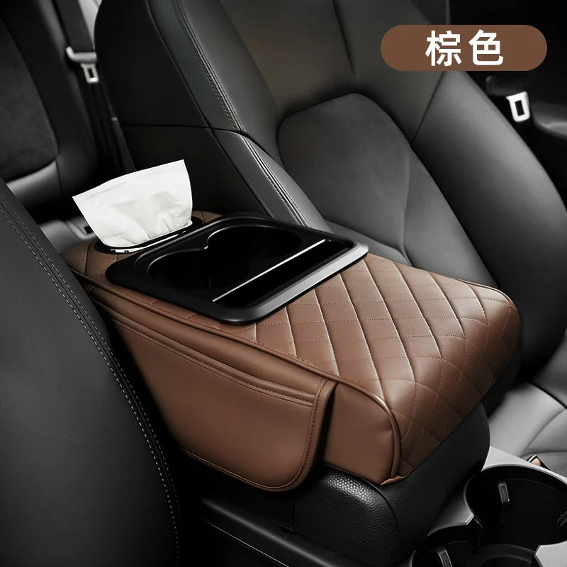 5 in 1 Middle Console Storage Box with Cup Holder Car Armrest Cushion Pad with Tissue Box Luxury Waterproof Interior Accessory
