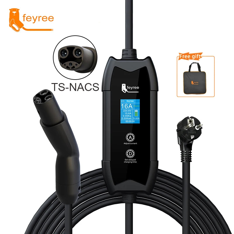 feyree EV Charger Portable 3.5kW Tesla NACS Charger Plug 1.8" LCD Screen with Set Delay Schedule Charging Station for Tesla Cars