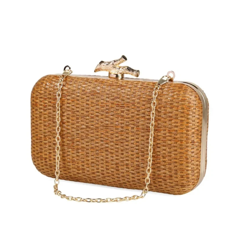 Summer New Outdoor Wedding Seaside Clutch Ladies Handmade Straw Woven Bags Elegant Gold Metal Knot Buckle Party Evening Bags