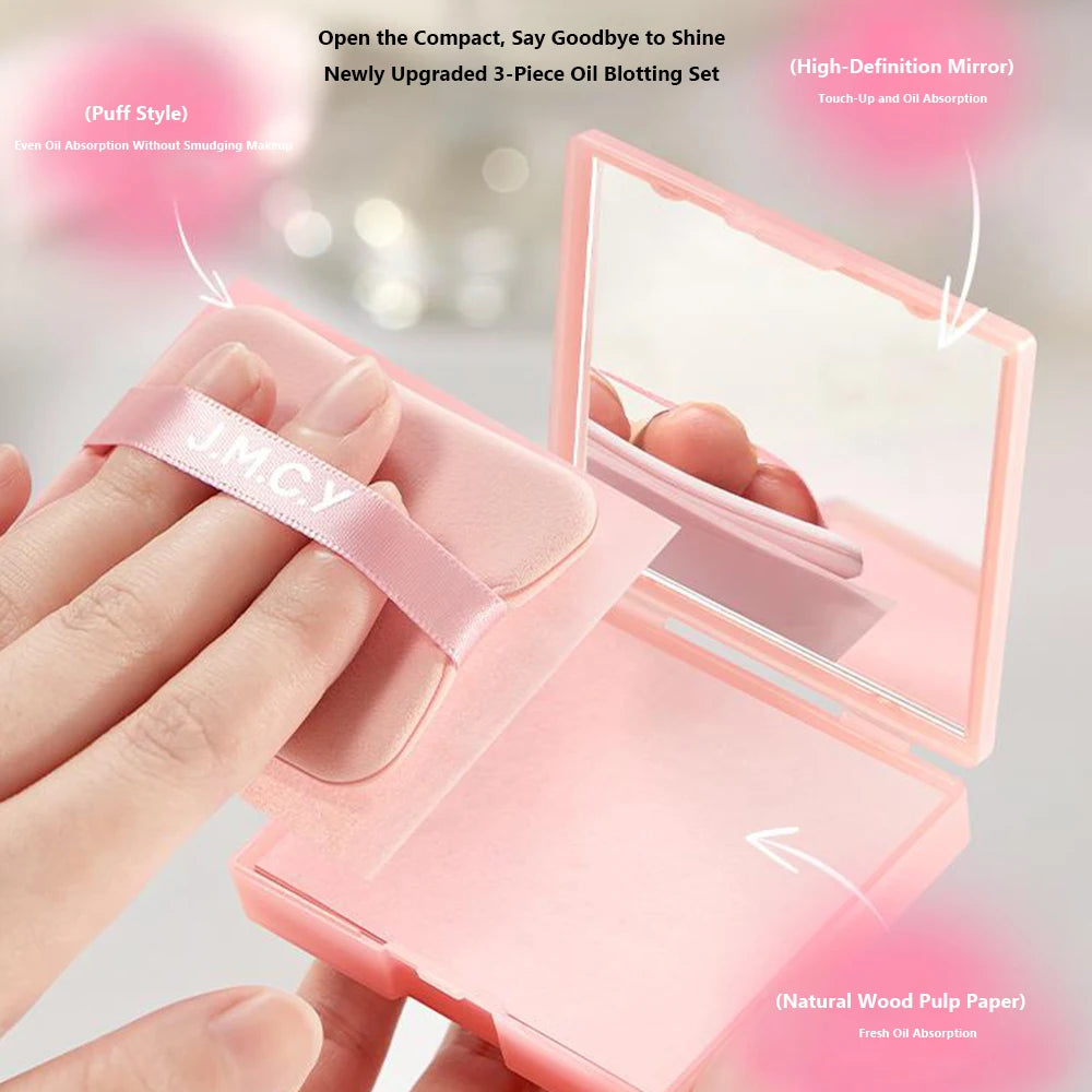 With Puff Oil Control Blotting Paper With Mirror Lightweight Face Shine Remover Compact 3-in-1 Blotting Paper for Summer Travel