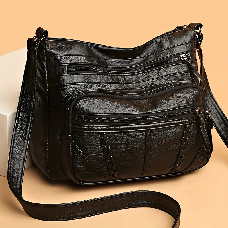 Vintage PU Leather Crossbody Bag, Retro Multi Layer Shoulder Bag, Fashion Handbag & Purse for Women's Work Travel Messenger Bag