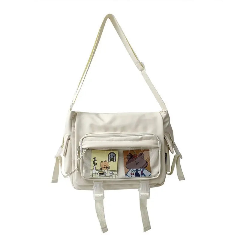 Kawaii Nylon Crossbody Bag, Clear Pocket Front Shoulder Bag, Student Flap Messenger Bag