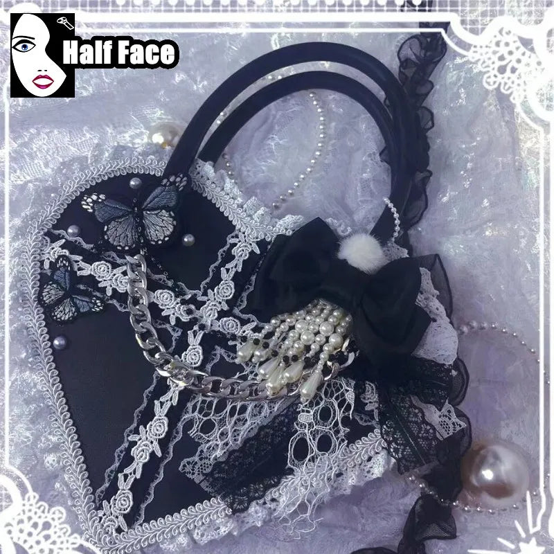 Y2K Girls Harajuku Womens Gothic Steam Punk One Shoulder Subculture Underarm Black Lolita Pearl Chain Design Crossbody Bags Tote
