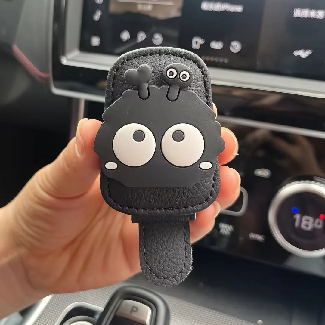 Cute Soot Sprite Car Sunglasses Clip Leather Visor Eyeglasses Holder Black Coal Ball Car Interior Accessory Ticket Storage Clip