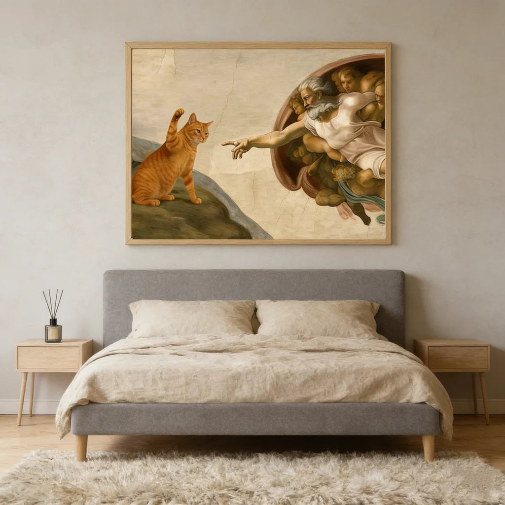 "Whimsical 'Creation of Adam' with Orange Cat Wall Print Decor - Classic Art Parody Poster for Eclectic Living Room, Quirky