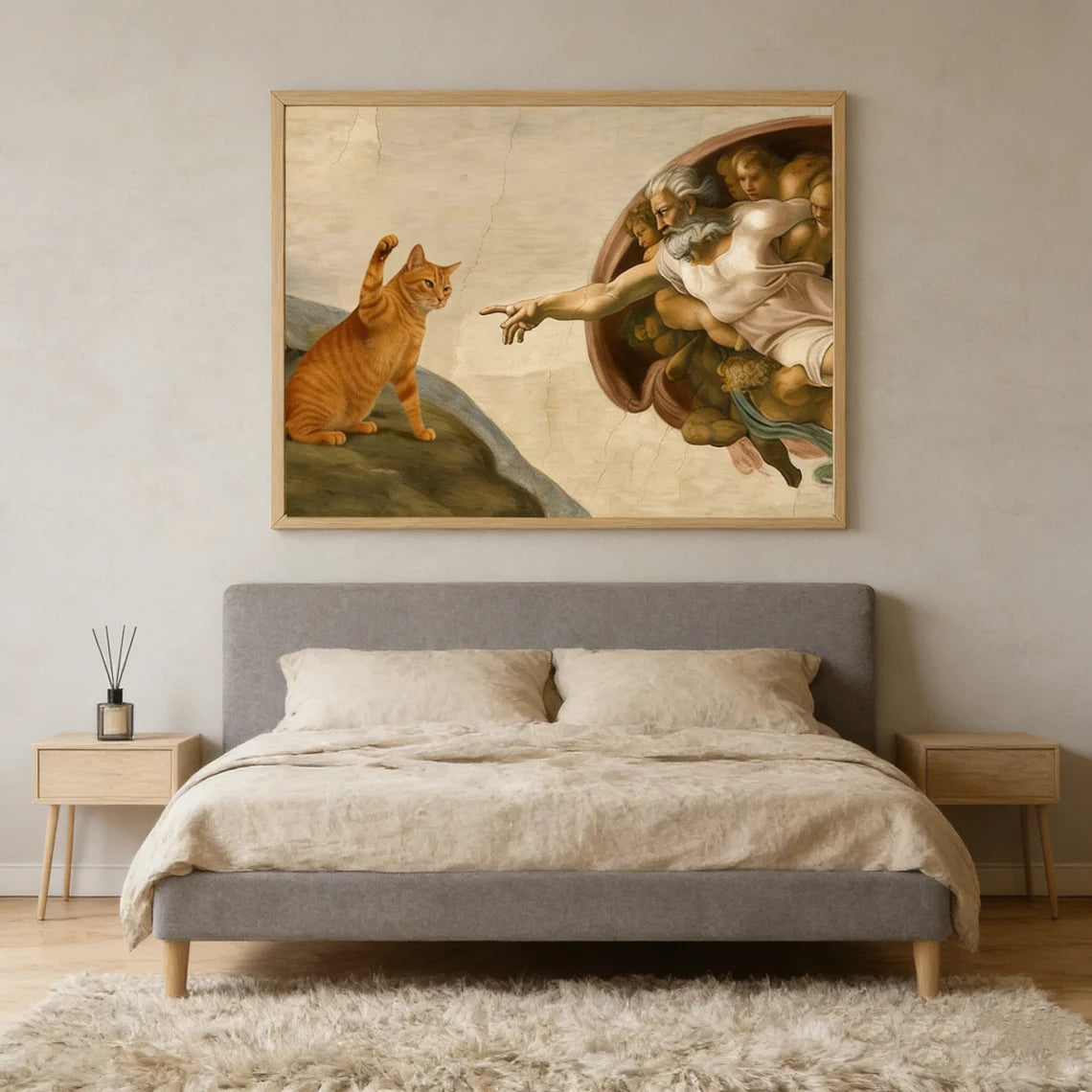 "Whimsical 'Creation of Adam' with Orange Cat Wall Print Decor - Classic Art Parody Poster for Eclectic Living Room, Quirky