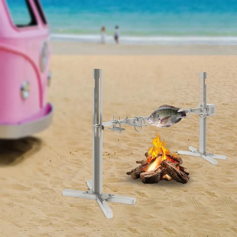 Electric BBQ Rotisserie Grill Kit Height Adjustable Universal Roaster Stand Stainless Steel Grilling Kit Spit Rod for Pig Lamb