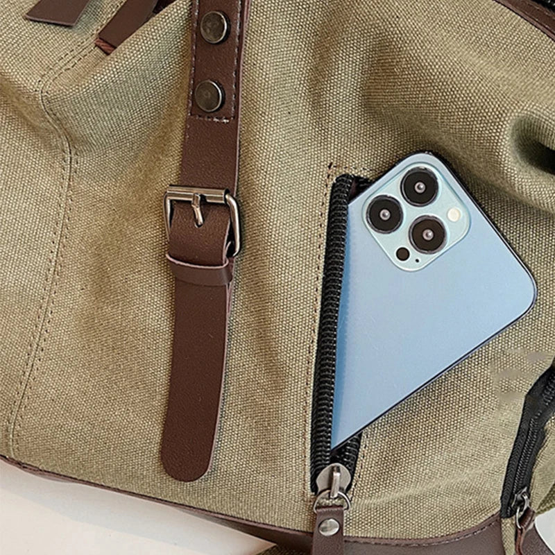 Vintage Canvas Casual Weekend Bag Travel Tote Bag Portable Large Capacity Duffel Bag With Shoe Compartment Crossbody Luggage Bag