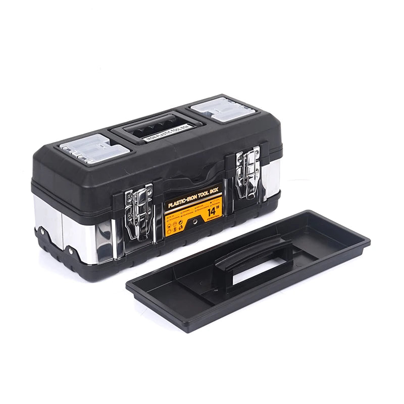 14 Inch Stainless Iron-Plastic Tool Box with Handle, Multi-functional with Compartments Toolbox, Storage Box