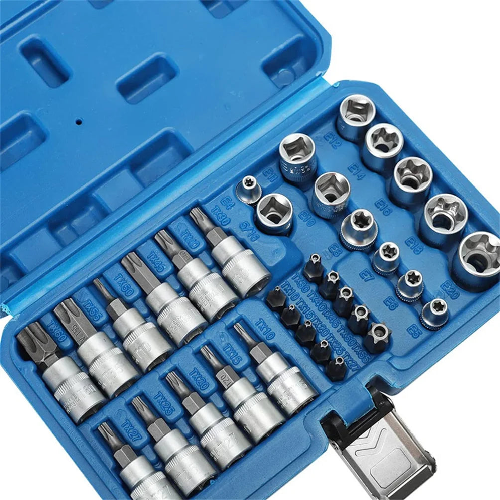 Torx Star Socket and Bit Set Male Female E Security Bits Drive Hand Tool Torque Star Socket Kit Repair Use Auto Garage DIY