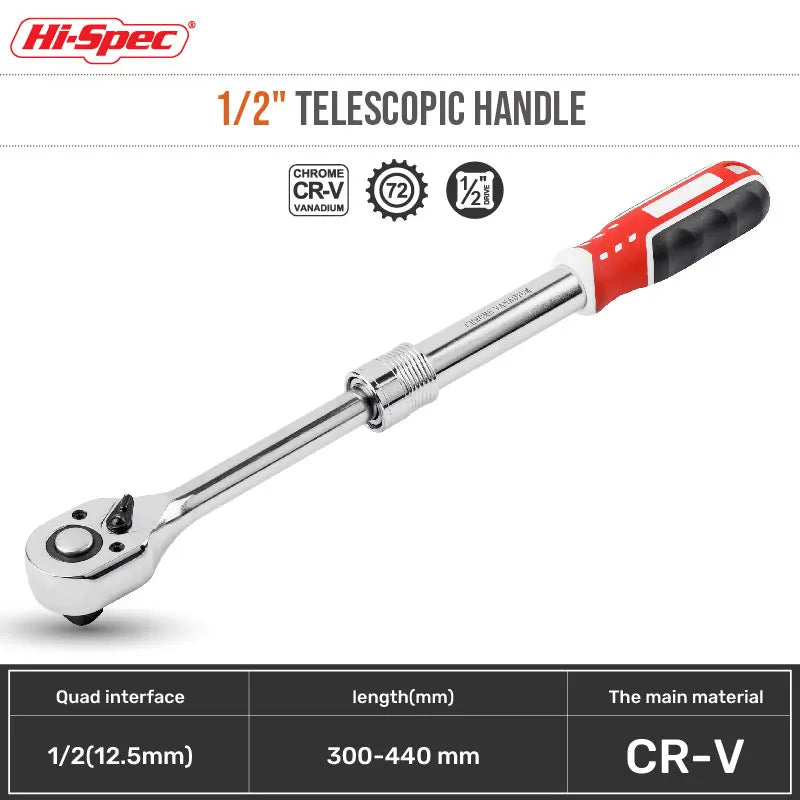 Hi-Spec 1/4 1/2 3/8 72-Tooth Carbon Steel Retractable Ratchet Wrench Automatic Quick Release Spanner Multifunctional Hand Tool