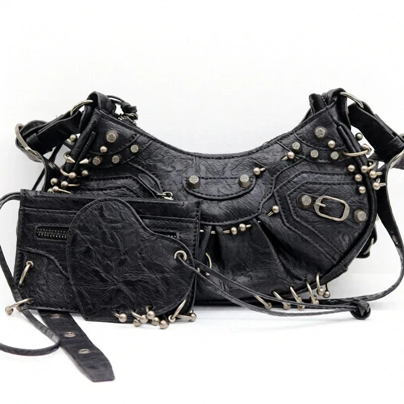 Women's Punk Bag Set, White Crumpled Tote With Matching Wristlet, Studded Design & Metal Hardware, Versatile Day To Night Wear