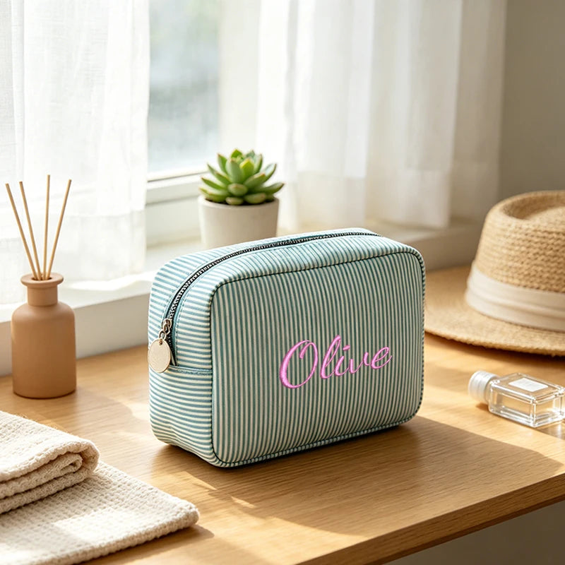 Customised Embroidery/Standard Style 2 Options, High-Look Striped Clutch, Large Capacity Makeup Bag, Back-to-School Season! Gift
