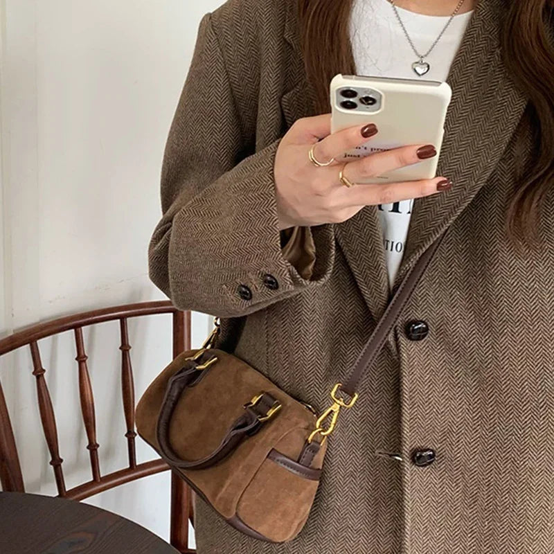 Hot Sale Lady Retro Versatile Velvet Boston Bag Women Korean Mini Handbag Female Classic Daily Commute Crossbody Bag
