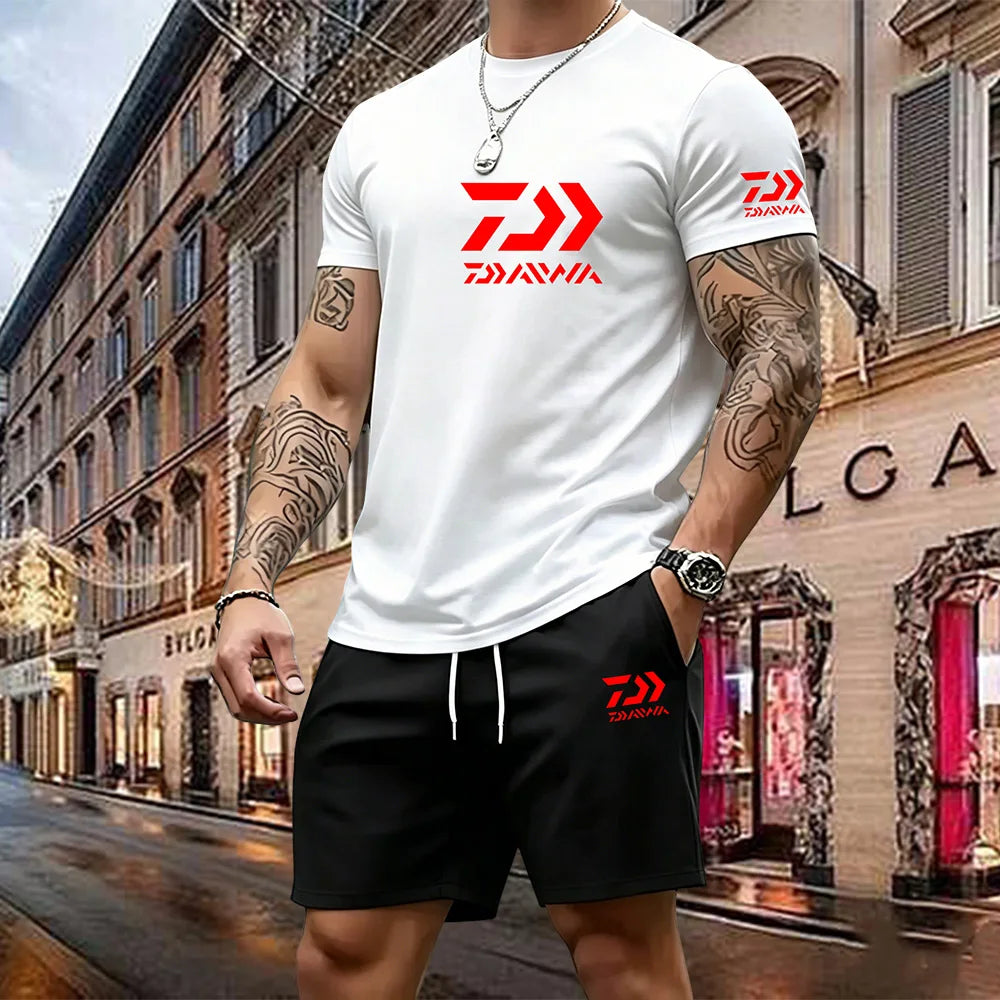 2026 Summer New Men's Fashion Outdoor Sports Set Printed Short Sleeve T-shirt+Shorts Loose Home Leisure Two Piece Set