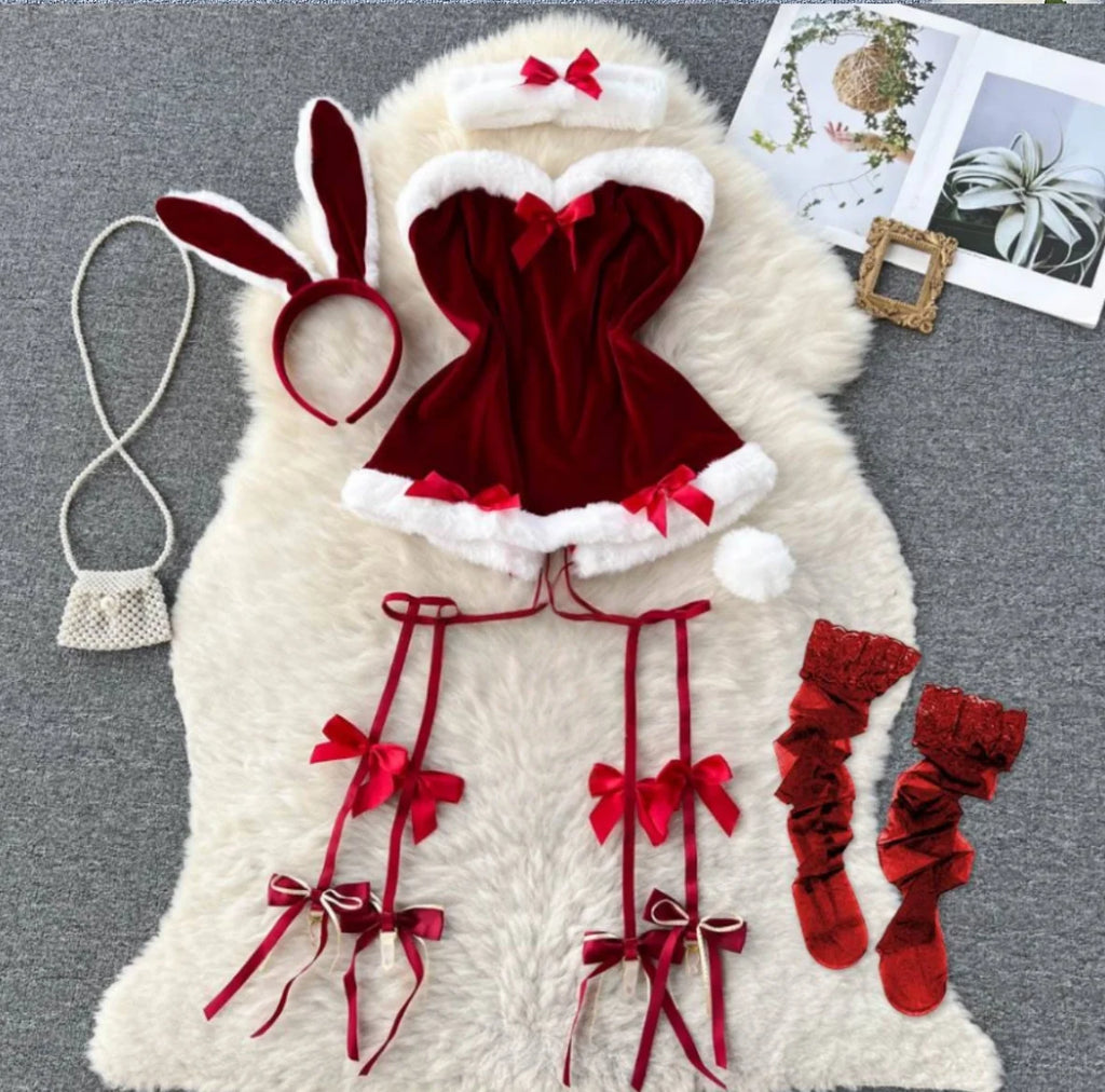 Sweet Bunny Lingerie Set Women Sexy Soft Plush Cute Bowknot Sweet Nightgowns Christmas Rabbit New