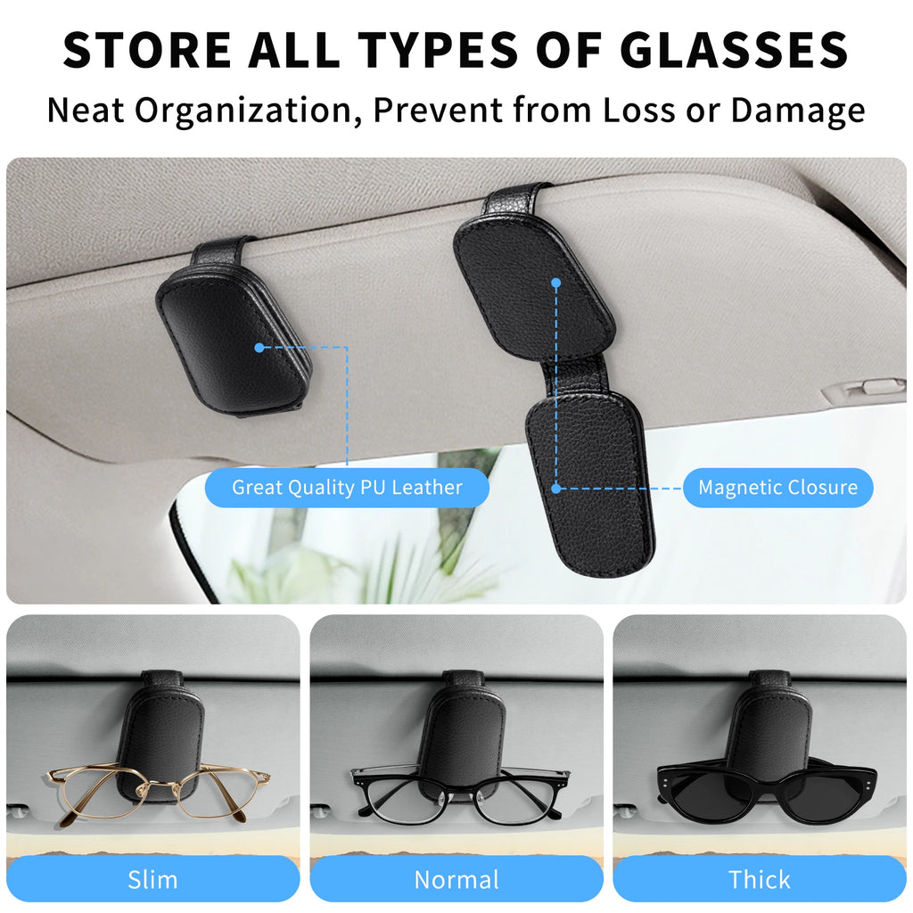 Magnetic Car Sunglasses Holder Clip Sun Visor Glasses Clips PU Leather Magnetic Suction Ticket Card Clip Auto Accessories
