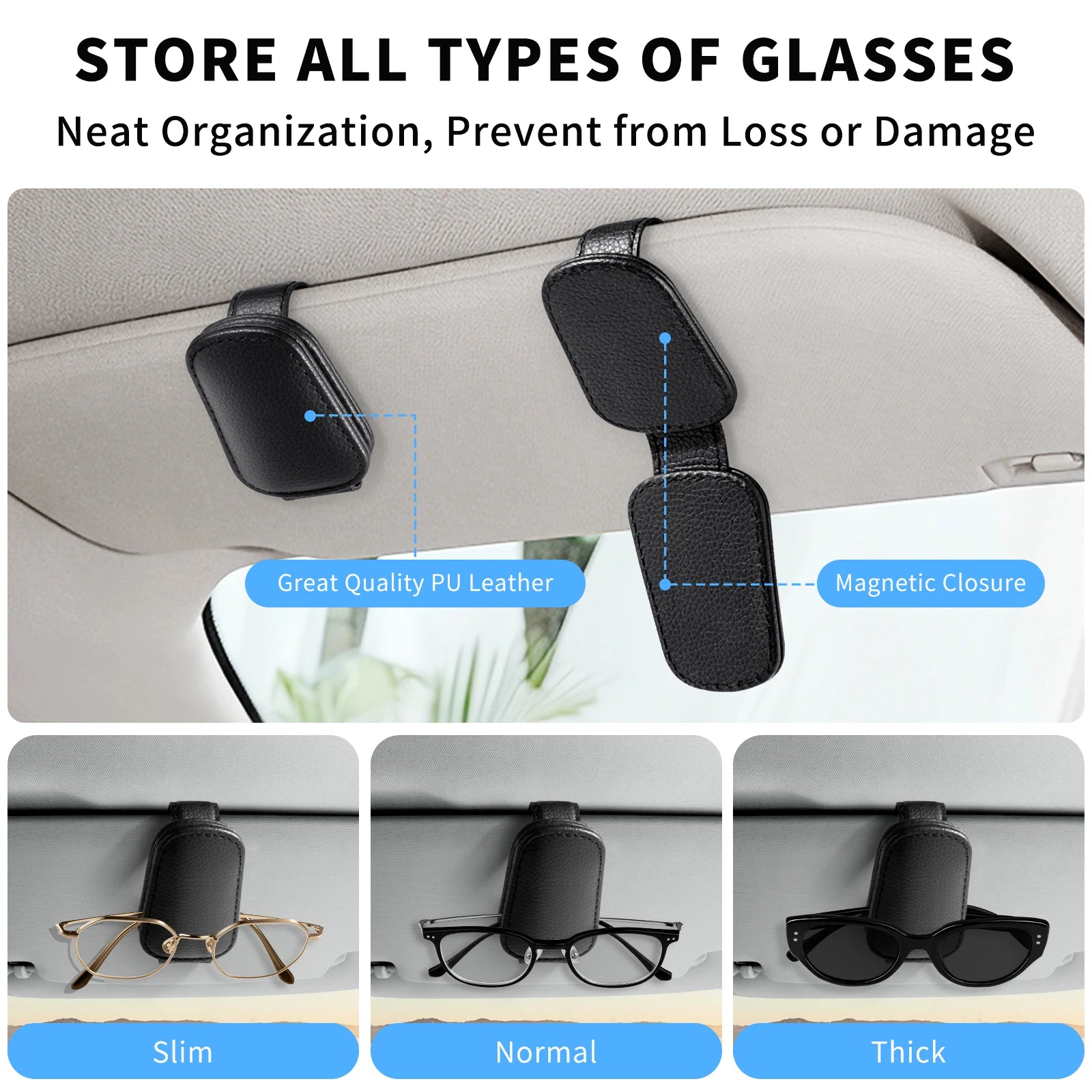 Magnetic Car Sunglasses Holder Clip Sun Visor Glasses Clips PU Leather Magnetic Suction Ticket Card Clip Auto Accessories