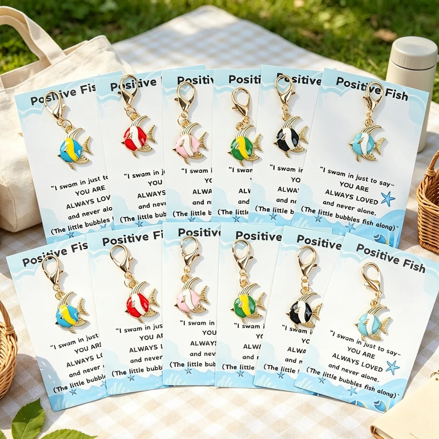 6 Pieces/12 Pieces Cartoon Fish Keychains, with Positive Fish-Themed Cards, Backpack and Key Charm Decorations, Perfect Birthday Gifts for Family and Friends, Universal Holiday Gifts, Fish Decoration Companion Gifts.