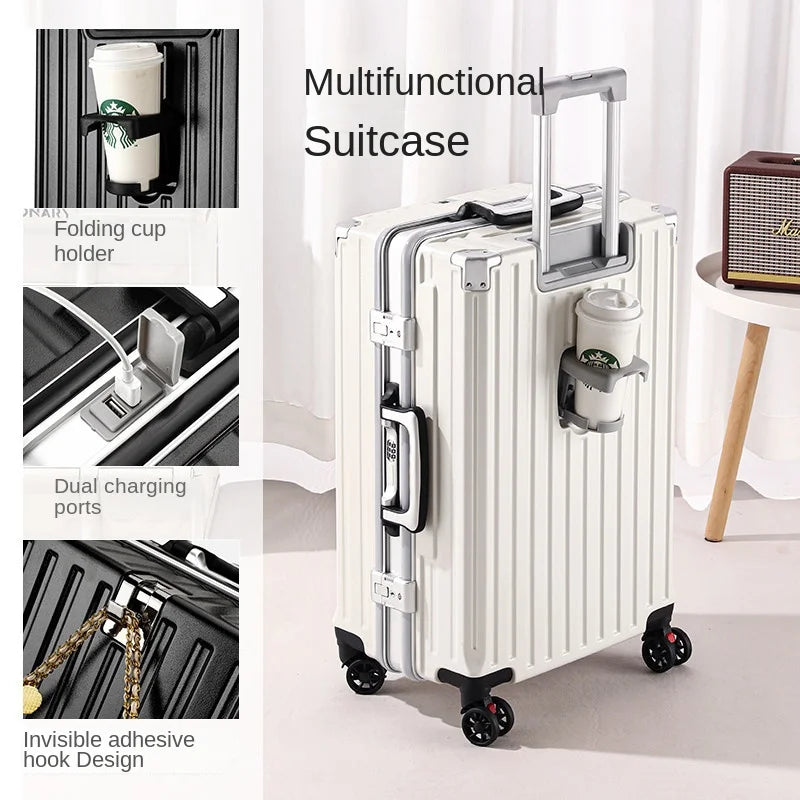 Trolley Luggage 20 26 30" Aluminium-framed Suitcase with Silent Wheels Unisex High-capacity Rolling Luggage Password Suitcase