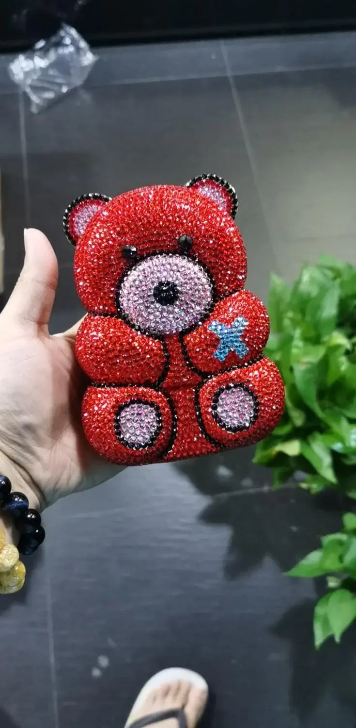 Boutique De FGG Brown Crystal Teddy Bear Evening Clutch Bags for Women Wedding Party Mini Minaudiere Purses and Handbags