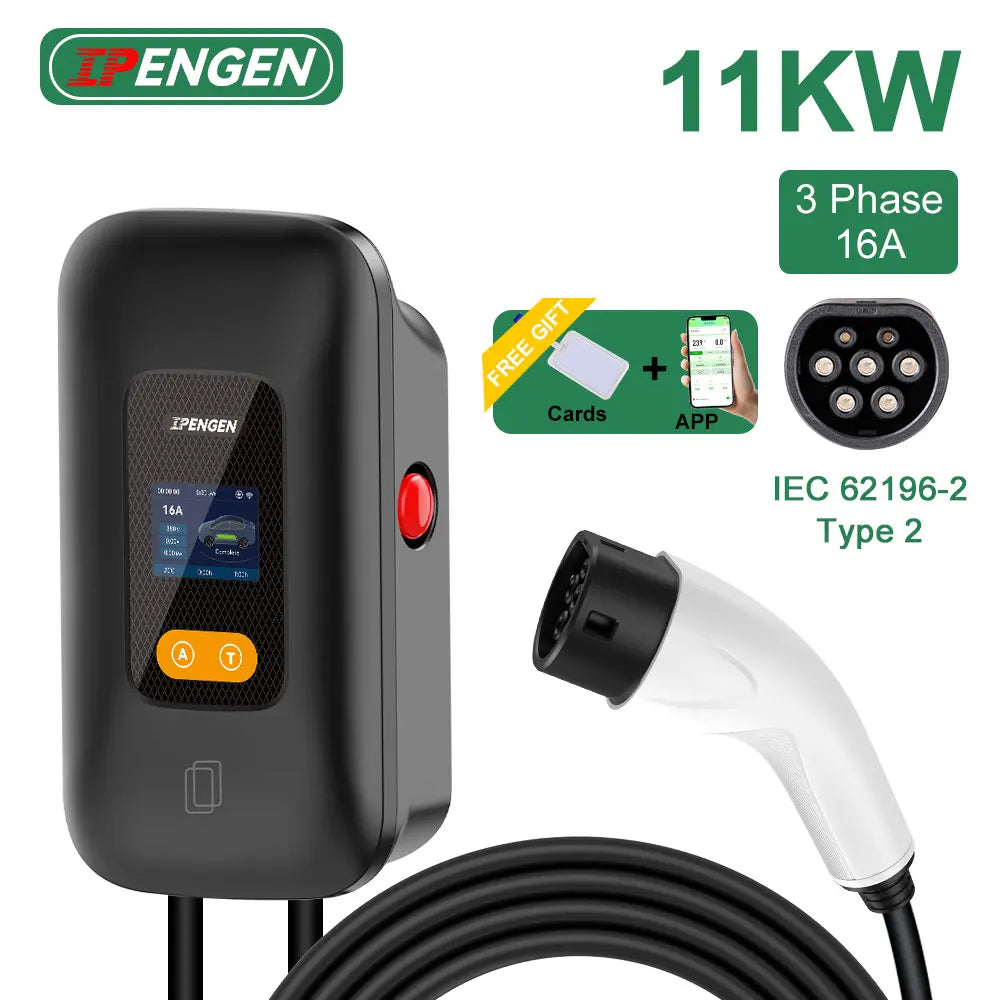 IPENGEN 11KW EV Charger Station Type2 16A 3Phase Electric Car Charger EVSE Wallbox Charging Set Charging Time WIFI APP Control