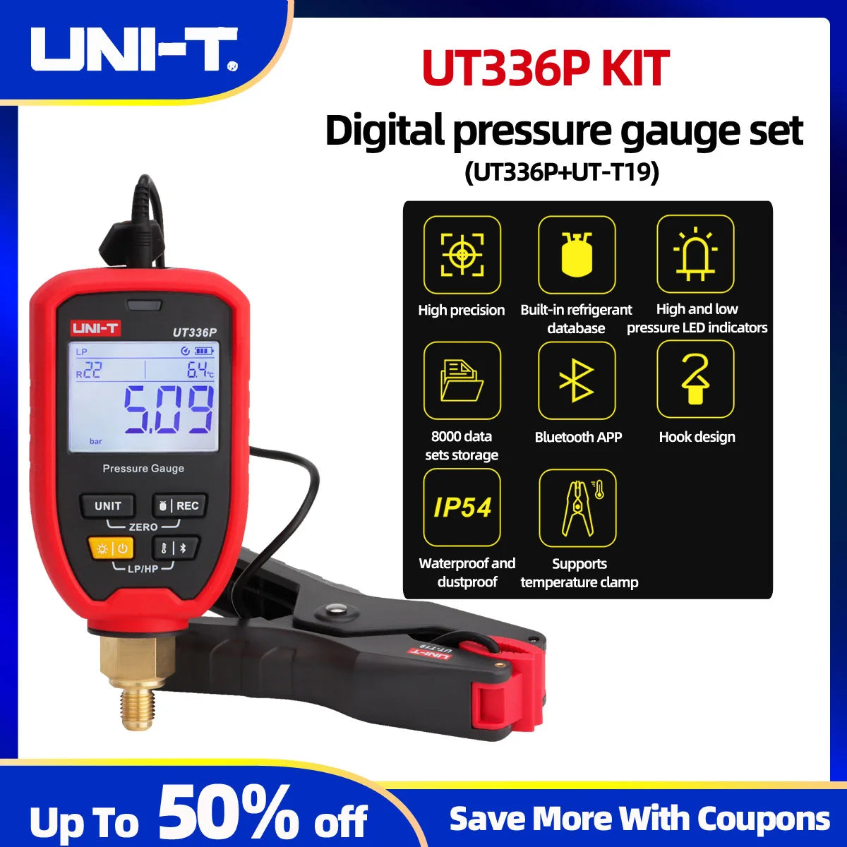 UNI-T UT336P KIT Digital Pressure Gauge Kit with UT-T19 Temperature Gauge Bluetooth APP Clamp for HVAC Maintenance
