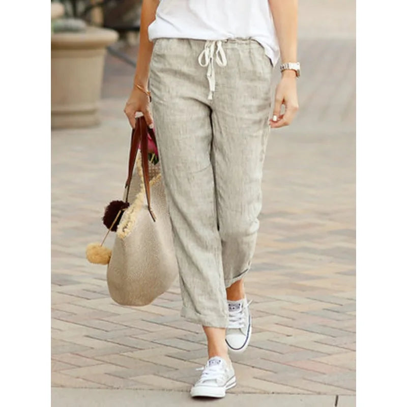 2025 New Fashion Nine-minute Trousers Solid Colour Loose Leisure Drawstring Elastic Waist Cotton Pants