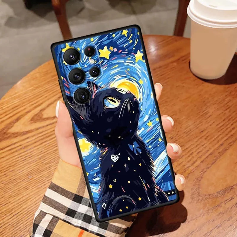Cute cartoon cat illustration Phone Case For Samsung Galaxy S26 S25 S24 S23 S22 S21 S20 Ultra Plus FE 5G Black Soft TPU