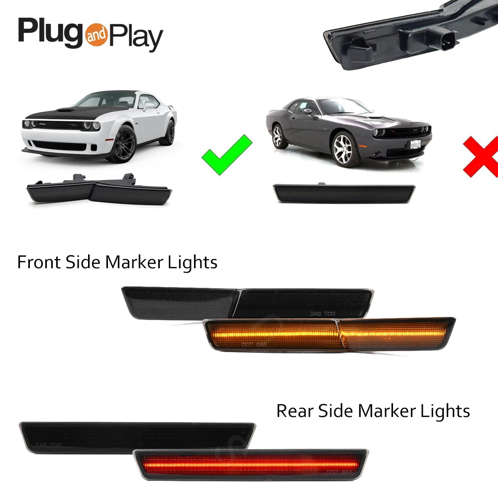Front White / Amber Rear Red LED Fender Side Marker Lights For Dodge Challenger 2018 2019 2020 2021 2022 with Factory Widebody
