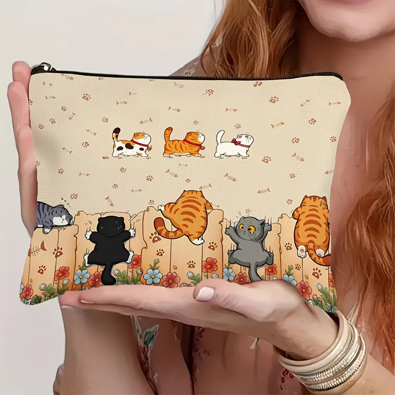 Multi Style Cat Printed Canvas Bag With Zipper Hand-Held Coin Purse Cosmetics Storage Fade-Resistant Cosmetic Bag Gift Friends