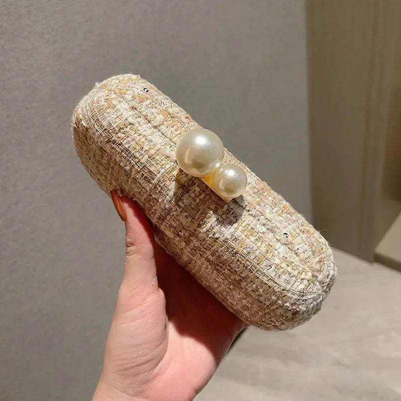 Sequin Tweed Evening Bag Faux Pearl Clutch Purse Plaid Pattern Handbags for Wedding Party Prom Small Shoulder Crossbody Bags