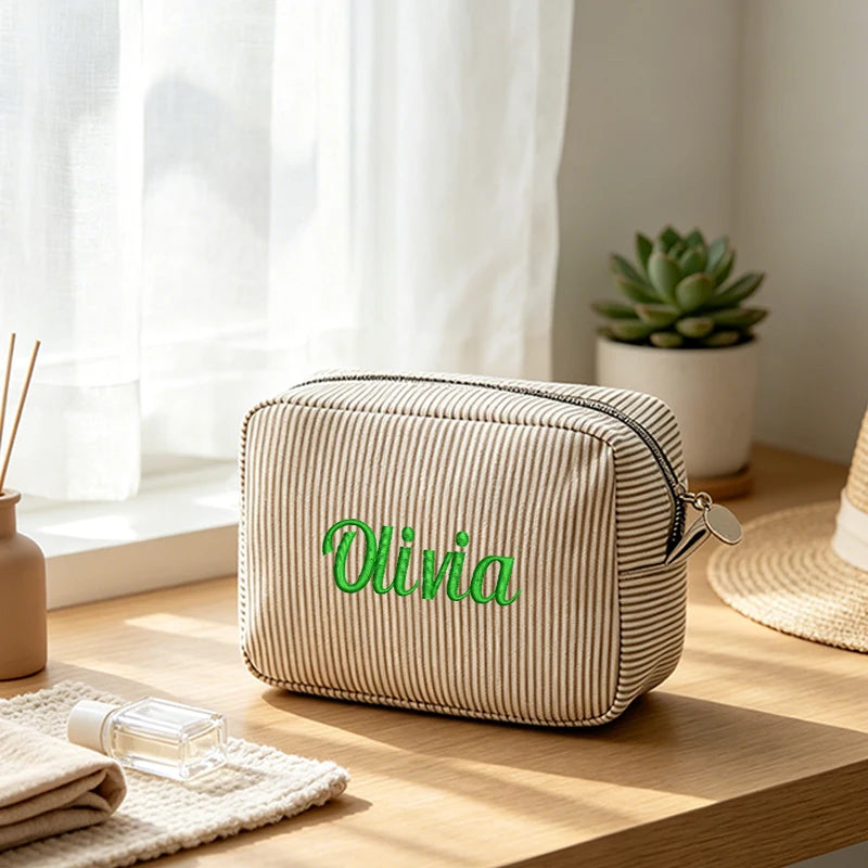 Customised Embroidery/Standard Style 2 Options, High-Look Striped Clutch, Large Capacity Makeup Bag, Back-to-School Season! Gift