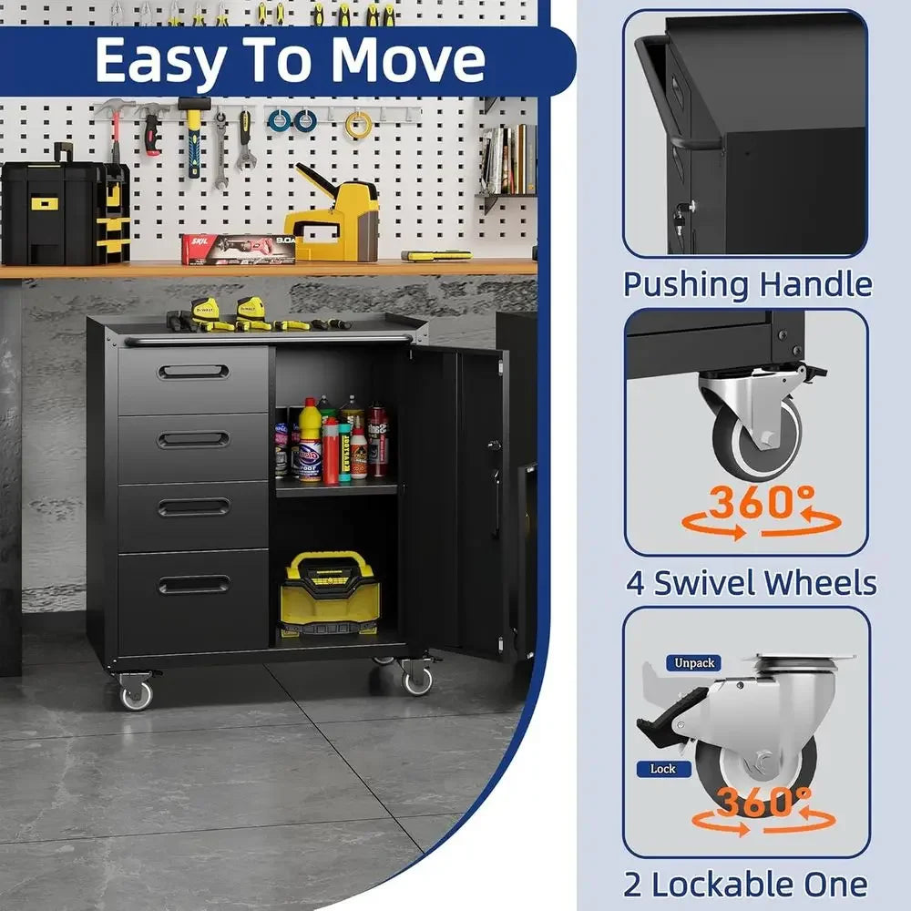Double-Layer Heavy Duty Steel Rolling Tool Cabinet with Lockable Drawers and Adjustable Shelves for Mobile Workshop Storage and