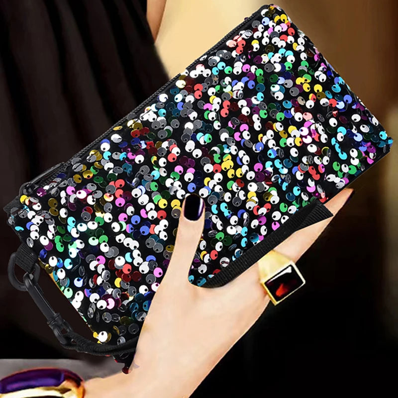 Ladies' sequined wallet handbag, long style, zipper mobile phone bag, change purse, wrist bag