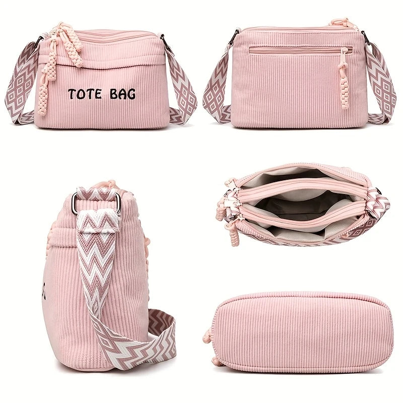 Women's Large Capacity Retro Washed Fabric Bag with Multiple Pockets, Flashy Travel Bag, Lightweight Artsy Casual Crossbody Bag