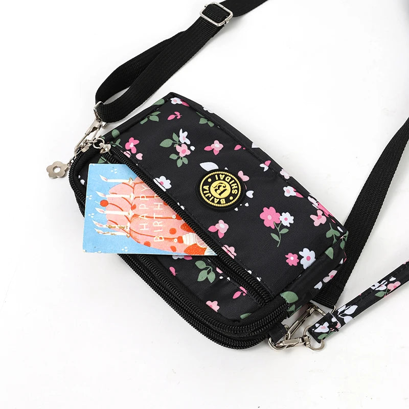 Lightweight Utility Crossbody Bag Durable Nylon Canvas Floral Print Multi Compartment Secure Zipper Women Travel Handbag