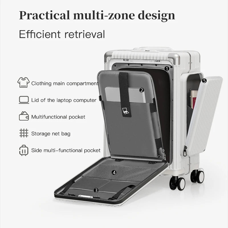 New-style three-opening multifunctional front-opening suitcase, 20-inch PC material with double side pockets, large-capacity tra