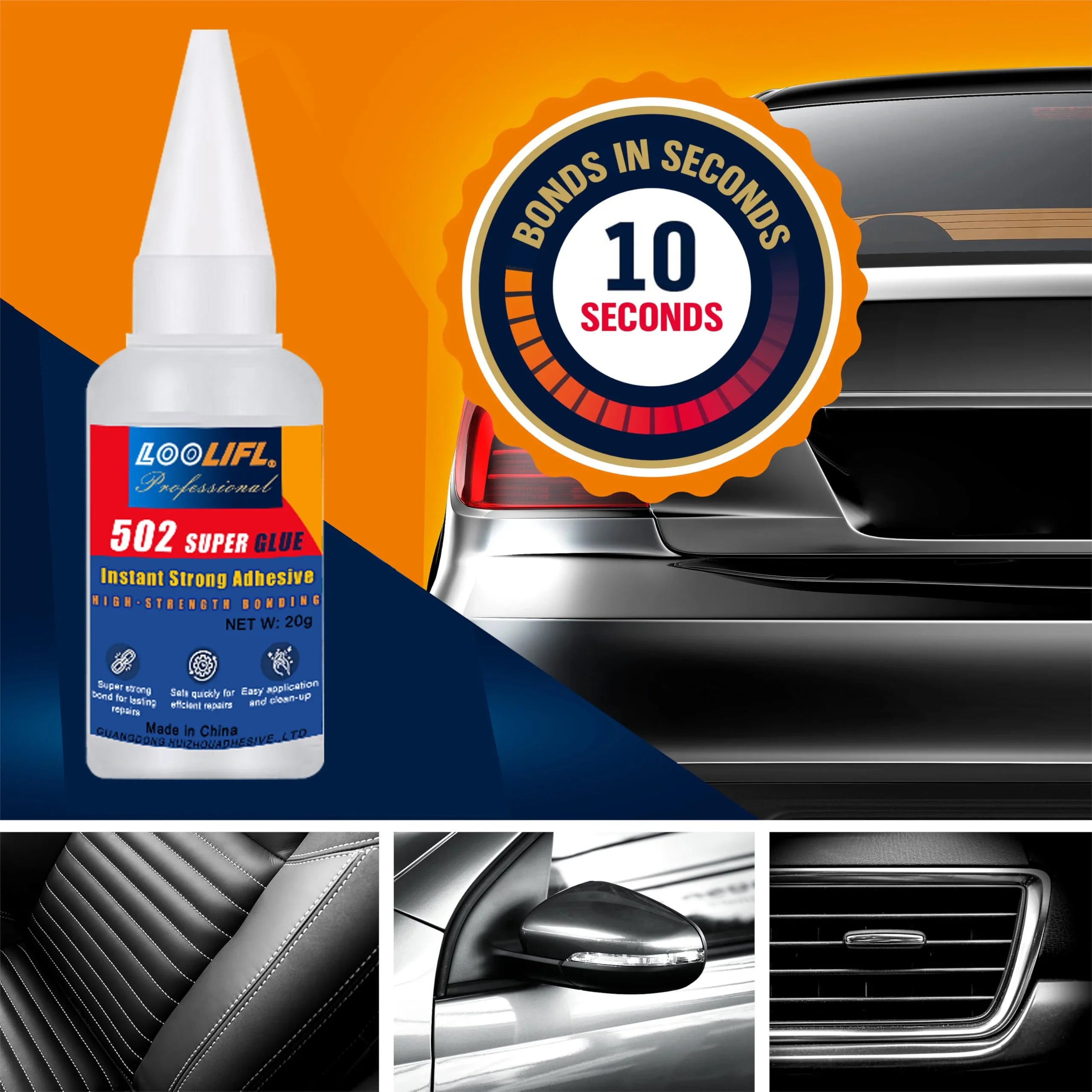 502 High-Strength Cyanoacrylate Glue Fast-Drying Adhesive for Automotive Bumpers, Metal & Plastic, Ideal for Repairs & DIYFixes