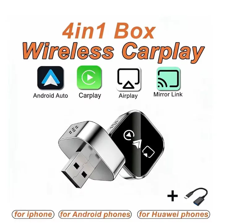 4-in-1 Wireless Carplay Adapter Android Auto Connect Airplay Mirror Link Screen Plug and Play Bluetooth for Apple and Android