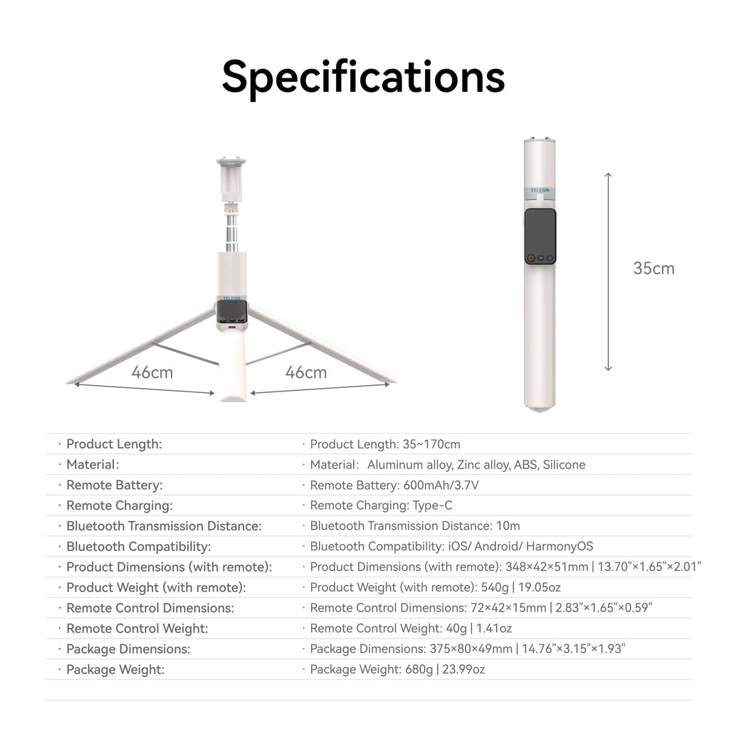 TELESIN 1.7M Screen Monitor Remote Control Wireless Bluetooth Selfie Stick Tripod For Smart Phone Iphone SAMSUNG XIAOMI HUAWEI