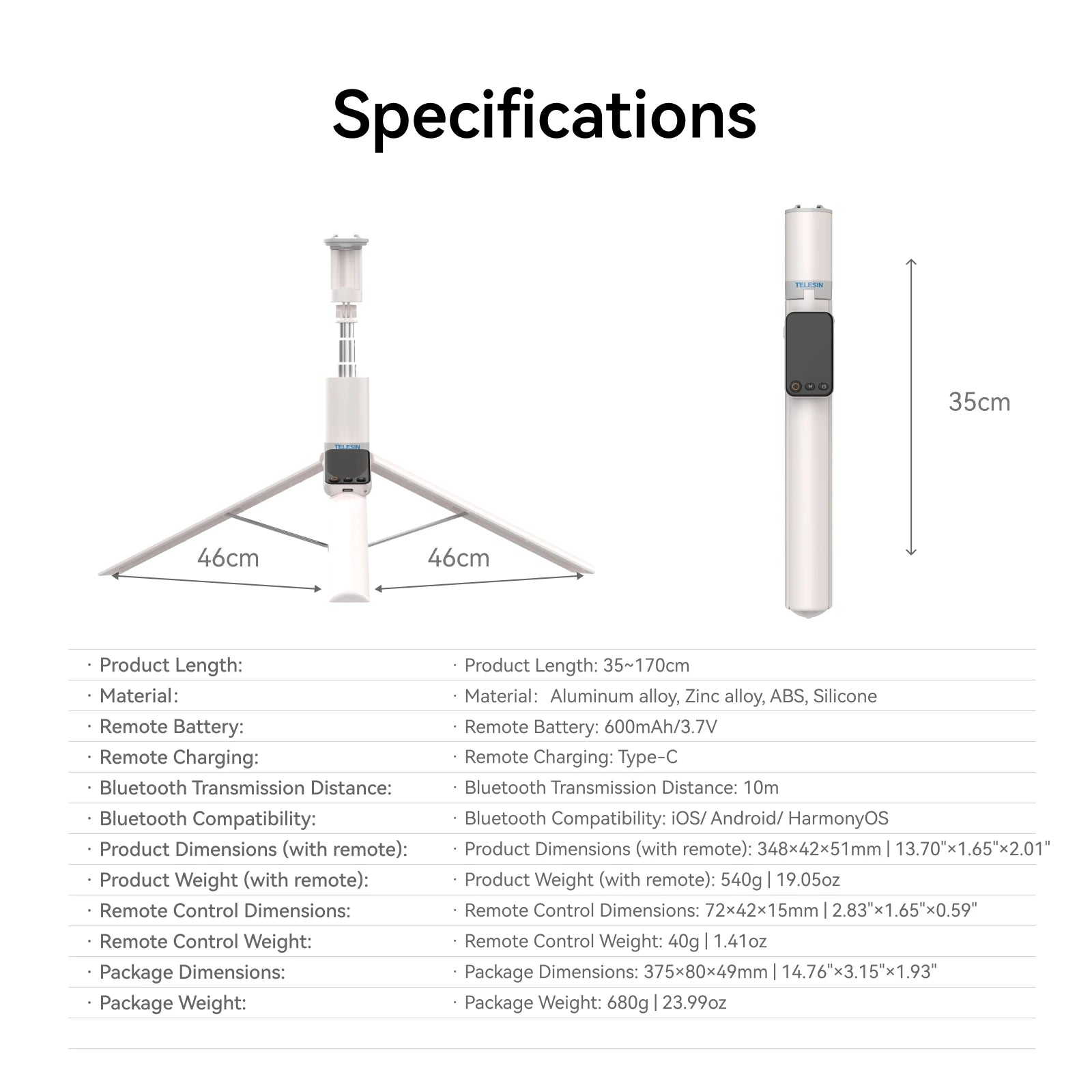 TELESIN 1.7M Screen Monitor Remote Control Wireless Bluetooth Selfie Stick Tripod For Smart Phone Iphone SAMSUNG XIAOMI HUAWEI