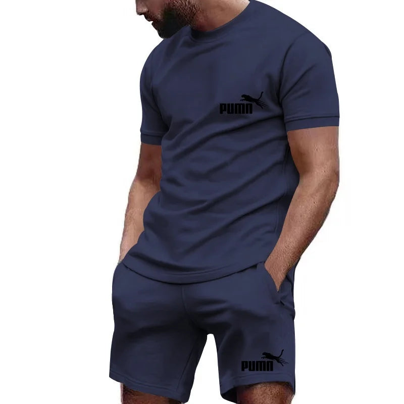 2026 new summer men's T-shirt+shorts set printed fashionable casual round neck pullover, breathable quick running sports shorts
