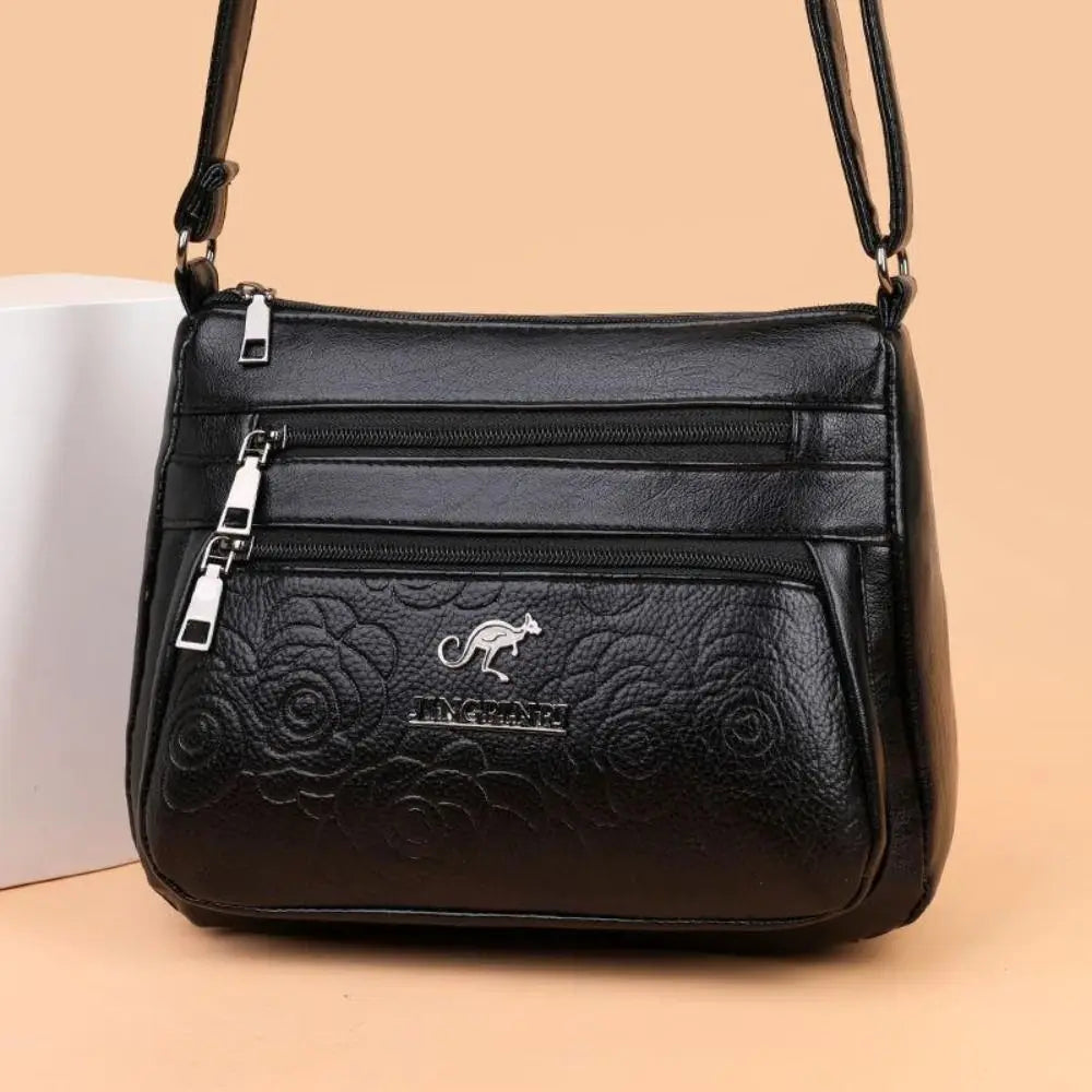 Fashion PU Leather Buying Vegetable Bag Black Multi-layer Middle-aged Mother's Bag Large Capacity Shoulder Messenger Bag Woman