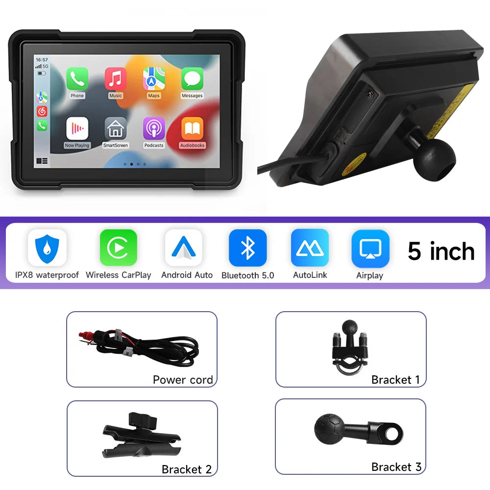 5/7 Inch Portable Motorcycle DVR GPS Navigation IPX8 Waterproof LCD Display For Wireless CarPlay Android Auto Multimedia Player