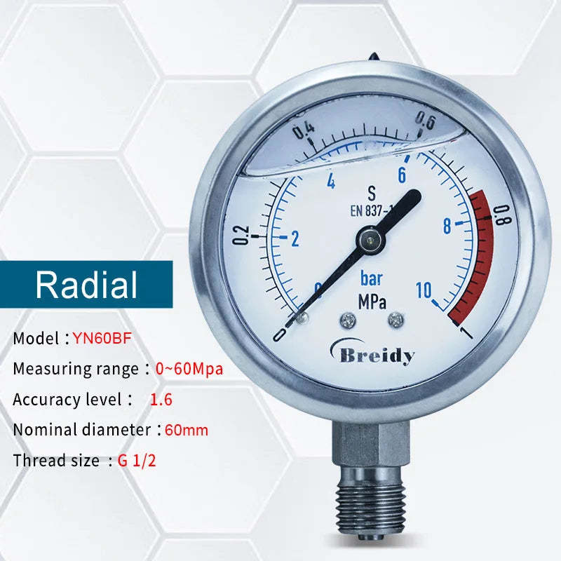 Xin Tester 0-60mpa Anti-vibration Pressure Gauge Radial/Axial Air Hydraulic Water Stainless Steel Oil Manometer Thread G1/4 G1/2