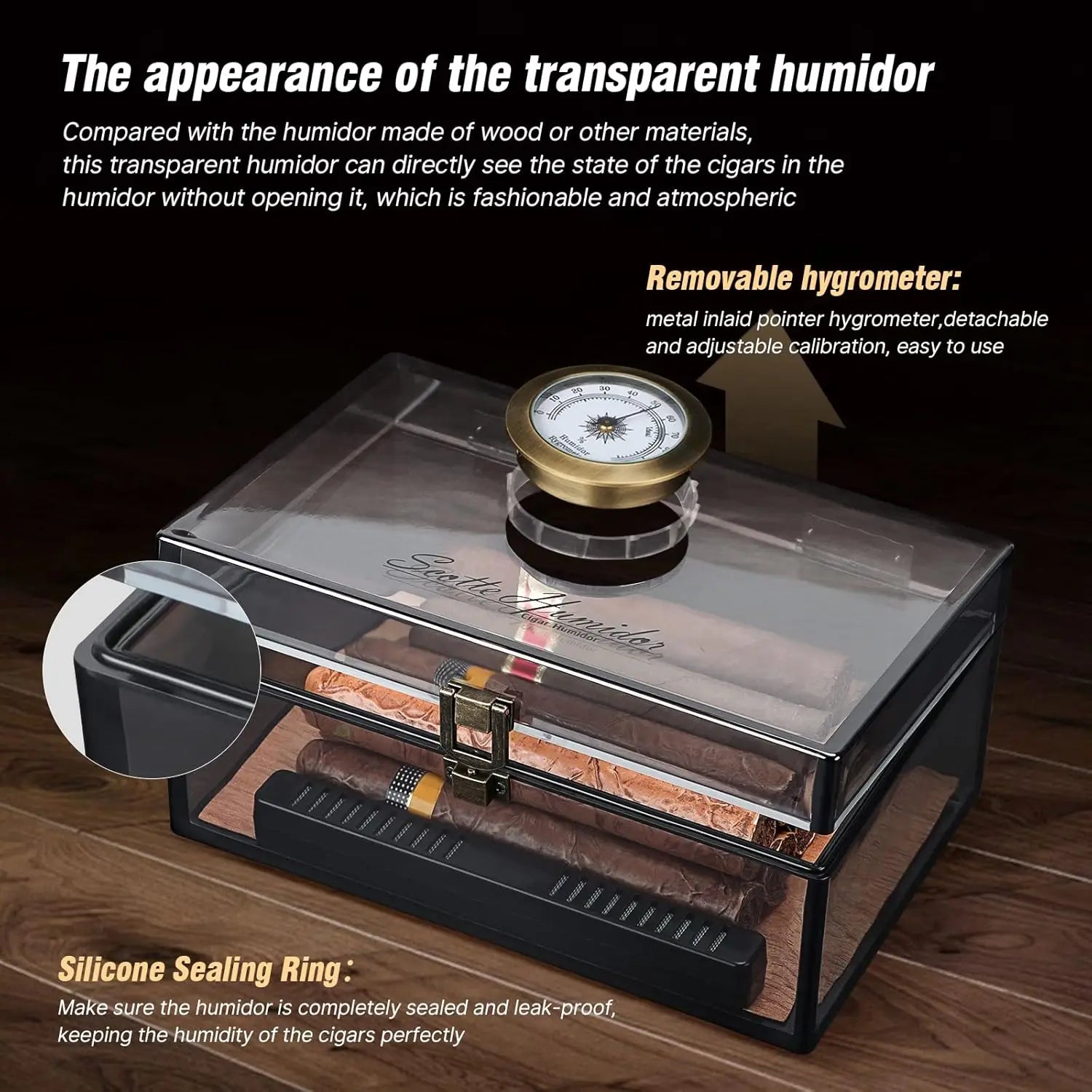 Acrylic Humidor - Cigar Box With Hygrometer, Humidifier & Accessories, Holds 20 Cigars