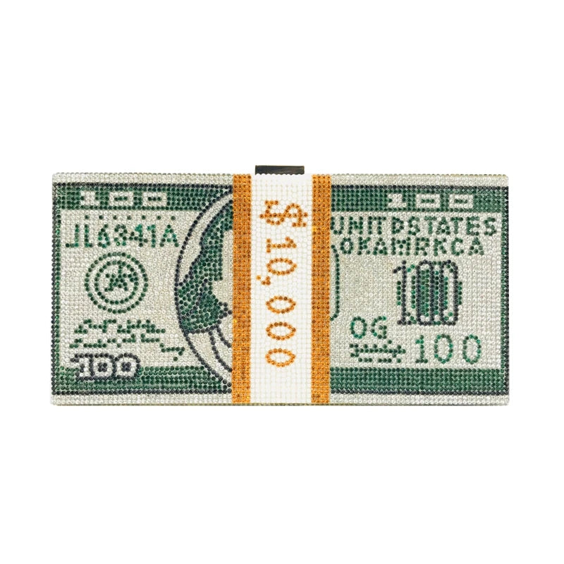 Luxury Money Clutch Rhinestone Purse 10000 Dollars Stack of Cash Evening Handbags Shoulder Wedding Dinner Bag Wallet