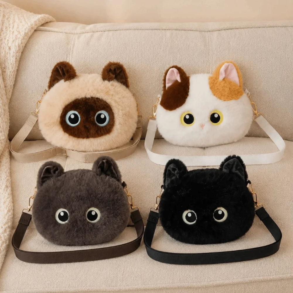 Cute Big Head Cat Crossbody Bag Fluffy Lightweight Cat Shoulder Bag Simulation Versatile Handbag Adult Kid Teenager